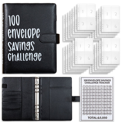 Black 100 Envelope Savings Challenge Binder - A5 Budget Planner & Money Organizer with Zipper Pockets - V888-ELOSUNG40148