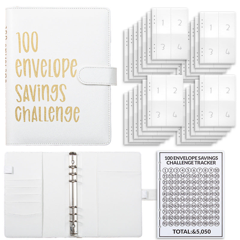 White 100 Envelope Savings Challenge Binder - A5 Budget Planner & Money Organizer with Zipper Pockets - V888-ELOSUNG40149