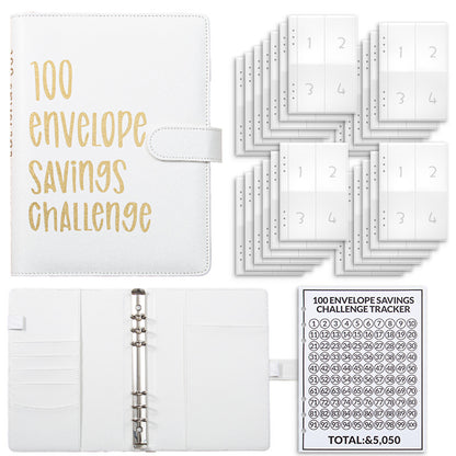 White 100 Envelope Savings Challenge Binder - A5 Budget Planner & Money Organizer with Zipper Pockets - V888-ELOSUNG40149