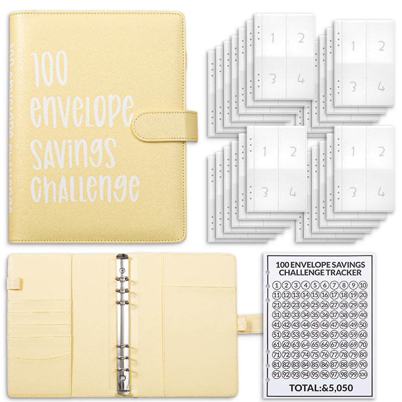 Yellow 100 Envelope Savings Challenge Binder - A5 Budget Planner & Money Organizer with Zipper Pockets - V888-ELOSUNG40150