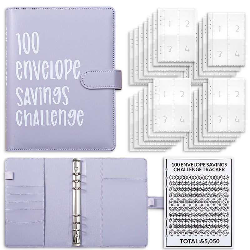 Purple 100 Envelope Savings Challenge Binder - A5 Budget Planner & Money Organizer with Zipper Pockets - V888-ELOSUNG40151