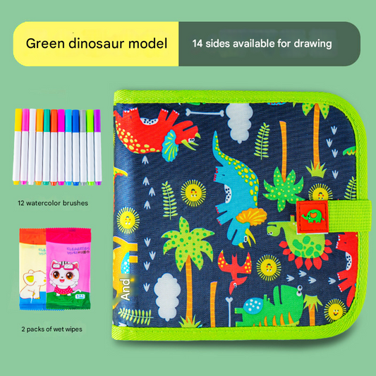 Green dinosaur Portable Reusable Drawing Board for Kids - erasable Doodle Book with Water Chalk Pens - V888-ELOSUNG40170