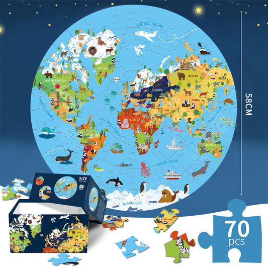 World Animal Puzzle Round Cardboard 70-Piece Jigsaw Puzzle - Educational Kids Puzzle Toy, Fun & Engaging V888-ELOSUNG40208