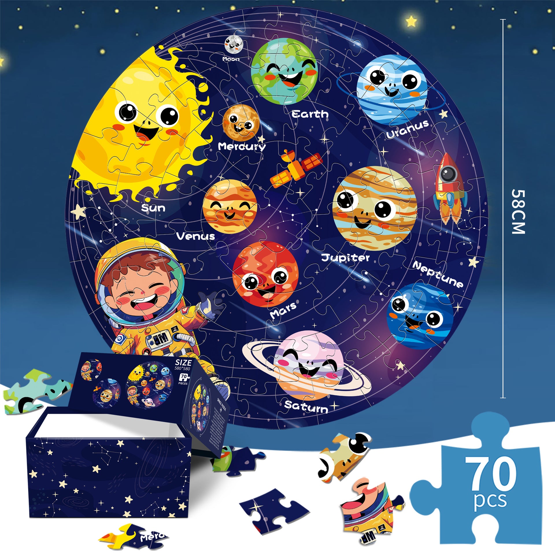 Space luminous jigsaw puzzle Round Cardboard 70-Piece Jigsaw Puzzle - Educational Kids Puzzle Toy, Fun & V888-ELOSUNG40209