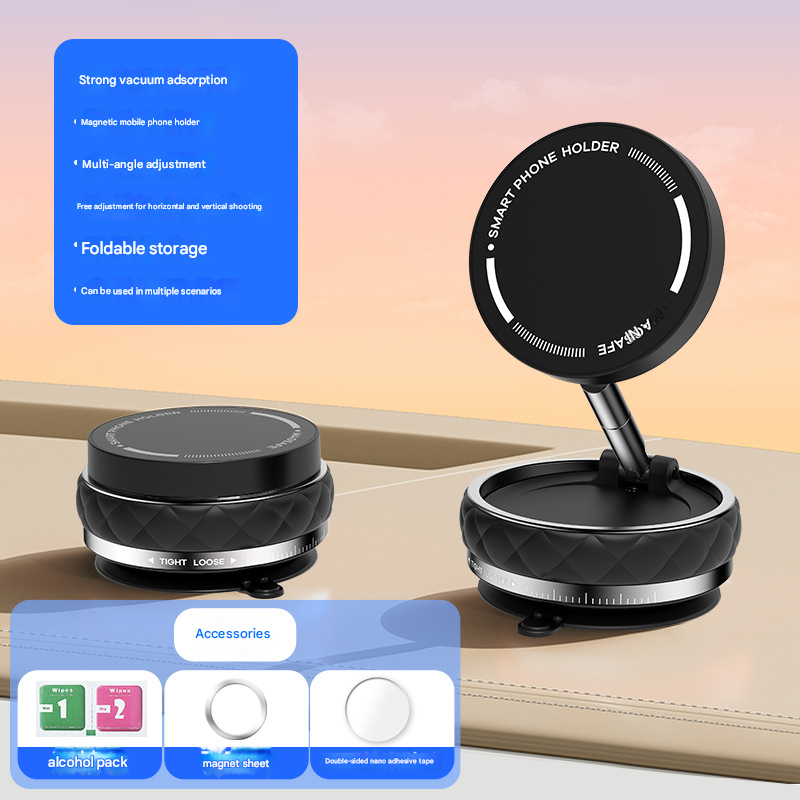 Black Foldable Magnetic Phone Holder with Vacuum Suction - Multi-Angle Adjustable Zinc Alloy Desktop Phone V888-ELOSUNG40246