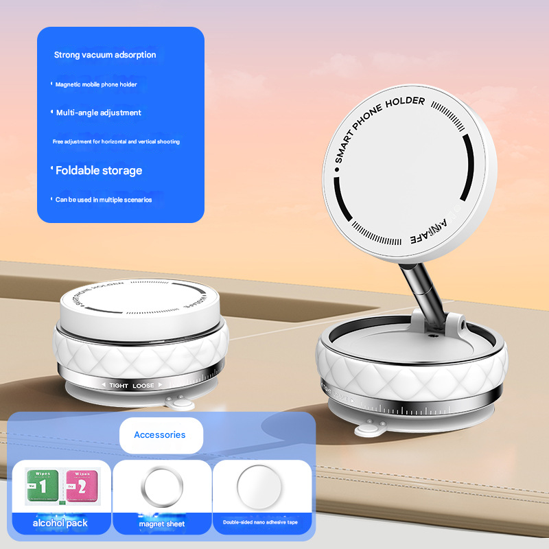 White Foldable Magnetic Phone Holder with Vacuum Suction - Multi-Angle Adjustable Zinc Alloy Desktop Phone V888-ELOSUNG40248