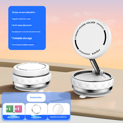 White Foldable Magnetic Phone Holder with Vacuum Suction - Multi-Angle Adjustable Zinc Alloy Desktop Phone V888-ELOSUNG40248