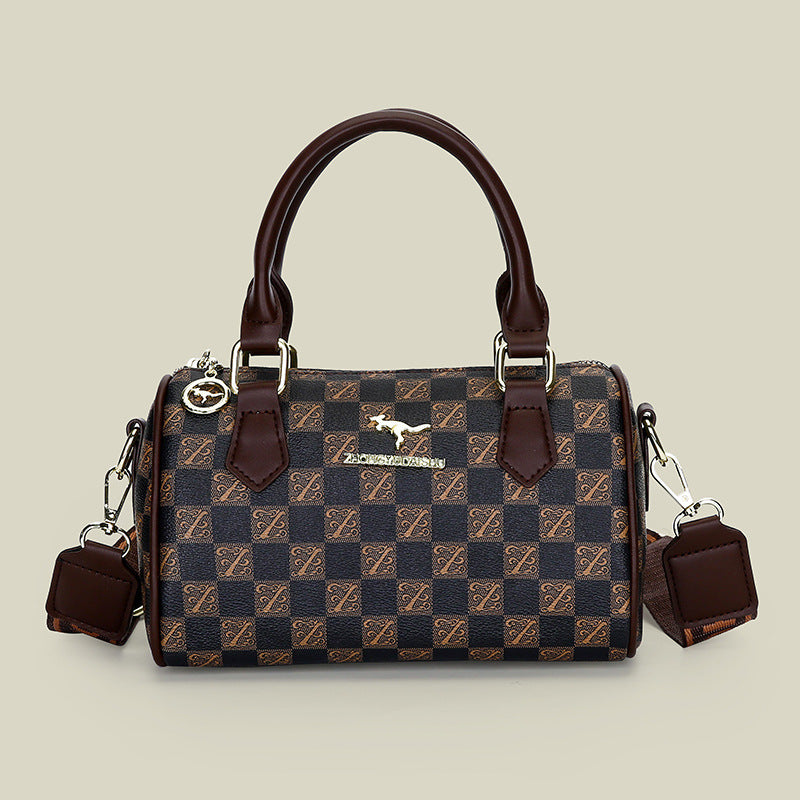 Brown checkered pattern Stylish PU Leather Boston Bag - Elegant Retro Single Shoulder Crossbody Handbag for V888-ELOSUNG40253