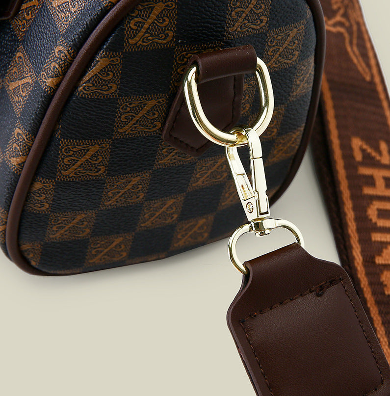 Brown checkered pattern Stylish PU Leather Boston Bag - Elegant Retro Single Shoulder Crossbody Handbag for V888-ELOSUNG40253