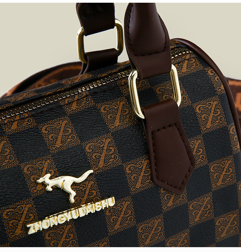 Brown checkered pattern Stylish PU Leather Boston Bag - Elegant Retro Single Shoulder Crossbody Handbag for V888-ELOSUNG40253