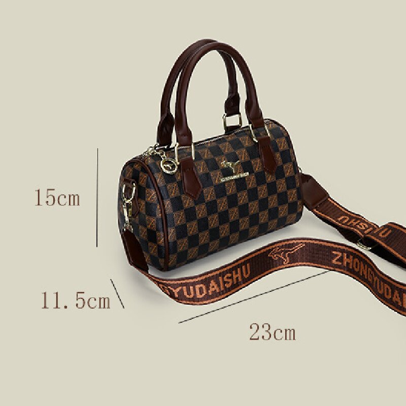 Brown checkered pattern Stylish PU Leather Boston Bag - Elegant Retro Single Shoulder Crossbody Handbag for V888-ELOSUNG40253