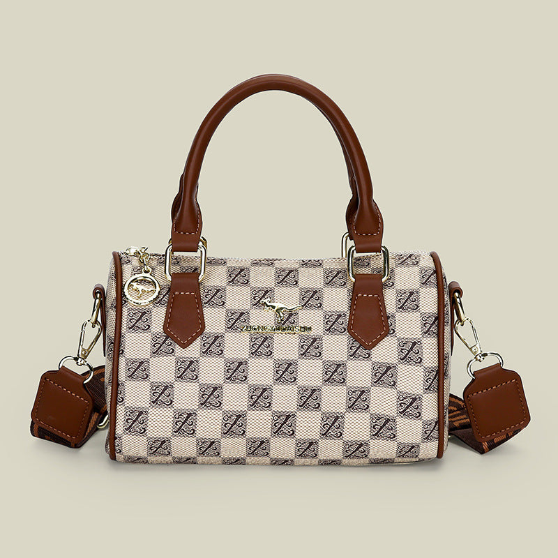 Khaki checkered pattern Stylish PU Leather Boston Bag - Elegant Retro Single Shoulder Crossbody Handbag for V888-ELOSUNG40254