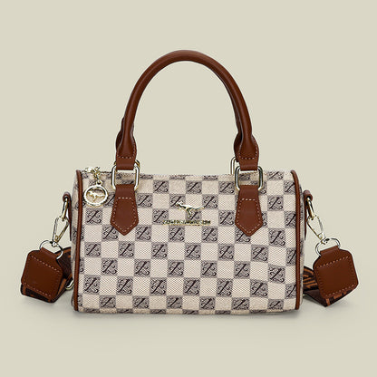 Khaki checkered pattern Stylish PU Leather Boston Bag - Elegant Retro Single Shoulder Crossbody Handbag for V888-ELOSUNG40254