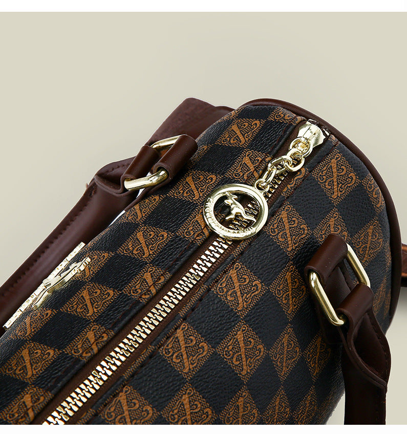 Khaki checkered pattern Stylish PU Leather Boston Bag - Elegant Retro Single Shoulder Crossbody Handbag for V888-ELOSUNG40254