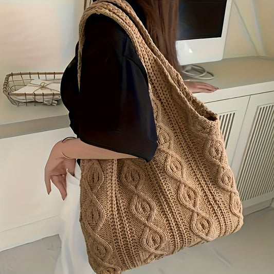 Khaki twist Bohemian Knit Shoulder Bag - Hand-Woven Crochet Tote for Women V888-ELOSUNG40264