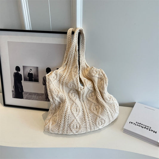 Beige twisted dough Bohemian Knit Shoulder Bag - Hand-Woven Crochet Tote for Women V888-ELOSUNG40265