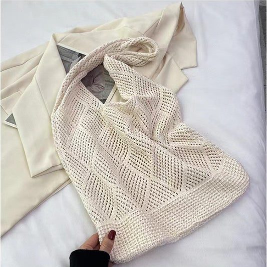 Beige rhombus Bohemian Knit Shoulder Bag - Hand-Woven Crochet Tote for Women V888-ELOSUNG40266