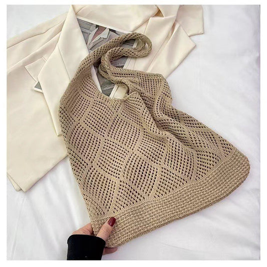 Shallow khaki rhombus Bohemian Knit Shoulder Bag - Hand-Woven Crochet Tote for Women V888-ELOSUNG40267