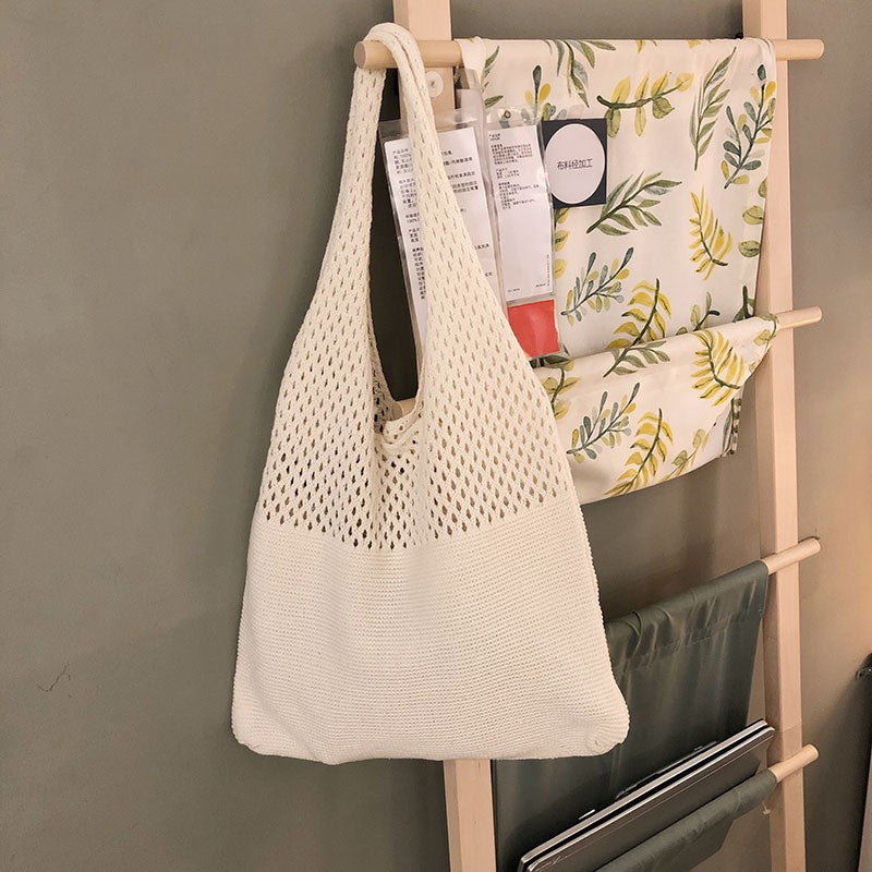 Beige splicing Bohemian Knit Shoulder Bag - Hand-Woven Crochet Tote for Women V888-ELOSUNG40268