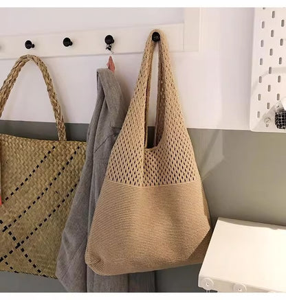 Beige splicing Bohemian Knit Shoulder Bag - Hand-Woven Crochet Tote for Women V888-ELOSUNG40268