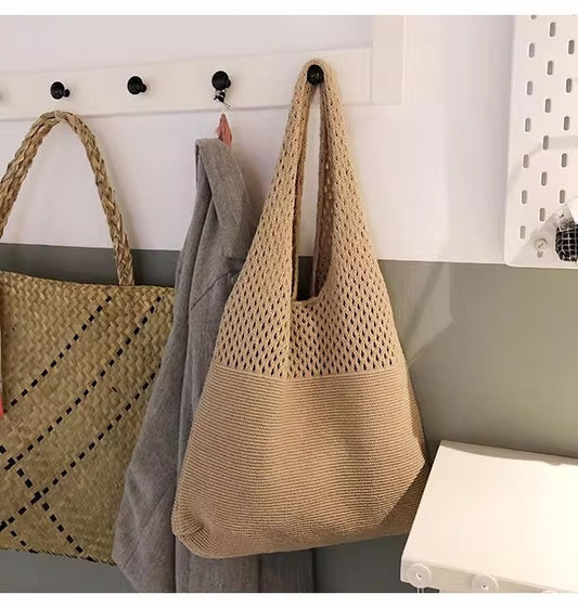 Beige splicing Bohemian Knit Shoulder Bag - Hand-Woven Crochet Tote for Women V888-ELOSUNG40268