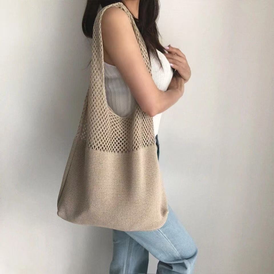 Shallow khaki patchwork Bohemian Knit Shoulder Bag - Hand-Woven Crochet Tote for Women V888-ELOSUNG40269