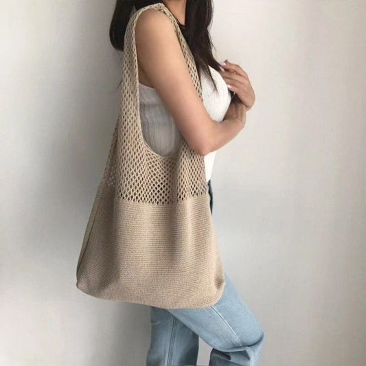 Shallow khaki patchwork Bohemian Knit Shoulder Bag - Hand-Woven Crochet Tote for Women V888-ELOSUNG40269