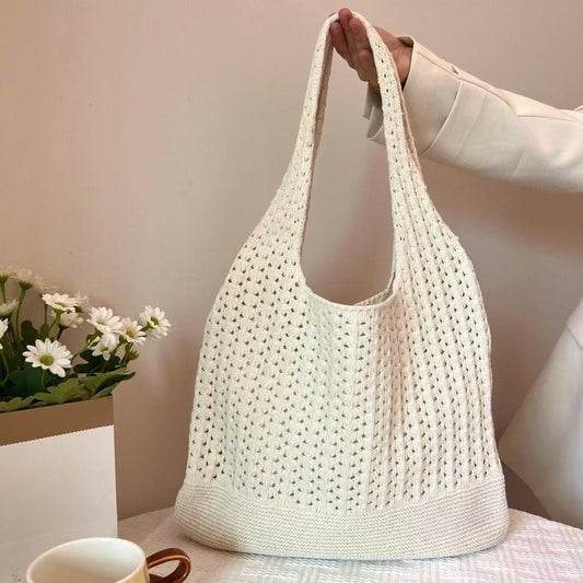 Beige honeycomb holes Bohemian Knit Shoulder Bag - Hand-Woven Crochet Tote for Women V888-ELOSUNG40271