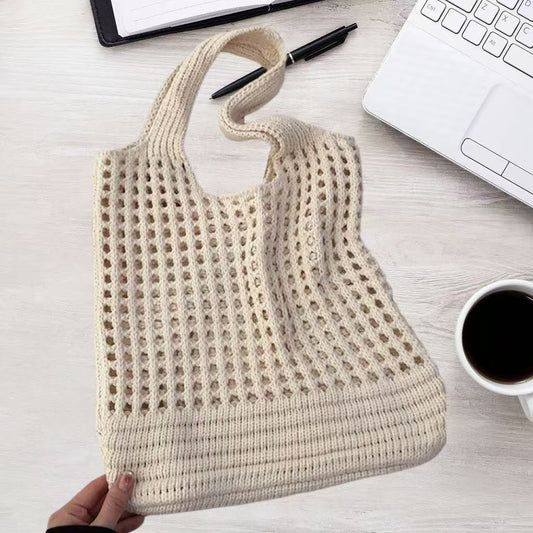 Beige large holes Bohemian Knit Shoulder Bag - Hand-Woven Crochet Tote for Women V888-ELOSUNG40273