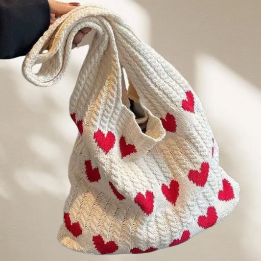 Beige heart Bohemian Knit Shoulder Bag - Hand-Woven Crochet Tote for Women V888-ELOSUNG40275
