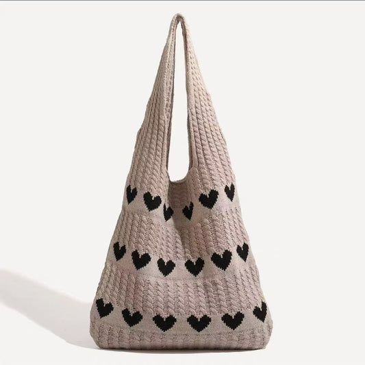 Khaki's heart Bohemian Knit Shoulder Bag - Hand-Woven Crochet Tote for Women V888-ELOSUNG40276