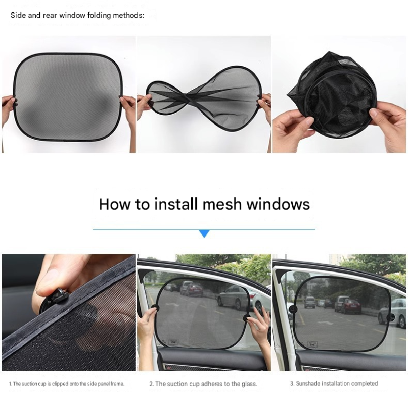Black Universal Car Window Sun Shade Set - Mesh Fabric UV Protection(One solid rear panel + two angled panels V888-ELOSUNG40283
