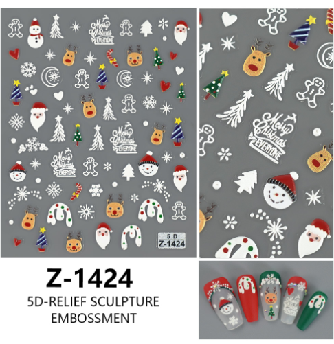 4PCS 5D Embossed Christmas Nail Art Stickers - Santa, Snowman, Reindeer & Snowflake Designs for Festive V888-ELOSUNG40327