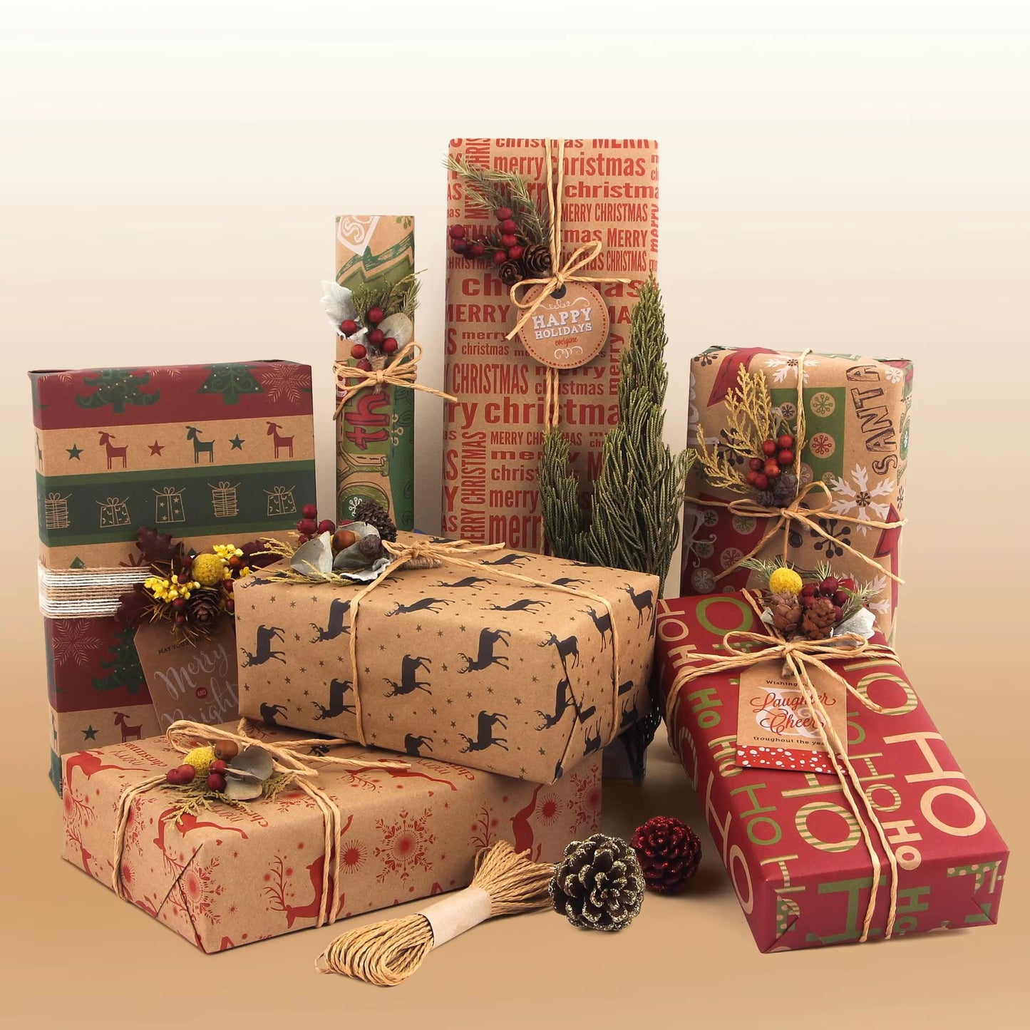 Christmas Gift Wrapping Paper 6-Pack - Vintage Kraft Style for Holiday Presents, 70x100cm V888-ELOSUNG40343