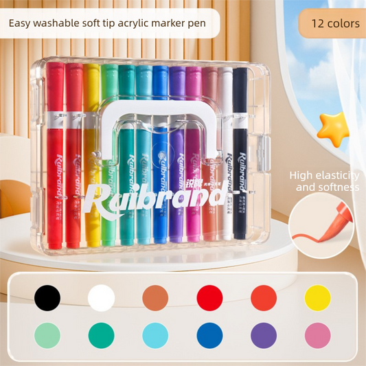 12 Colors Ruibrand Kids Washable Acrylic Markers Set - Non-Toxic, Blendable Art Pens for Students & Artists V888-ELOSUNG40368