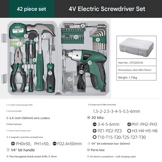 Green 42 Piece Home Tool Set with 4V Cordless Electric Screwdriver Kit for DIY Repairs and General Household V888-ELOSUNG40377