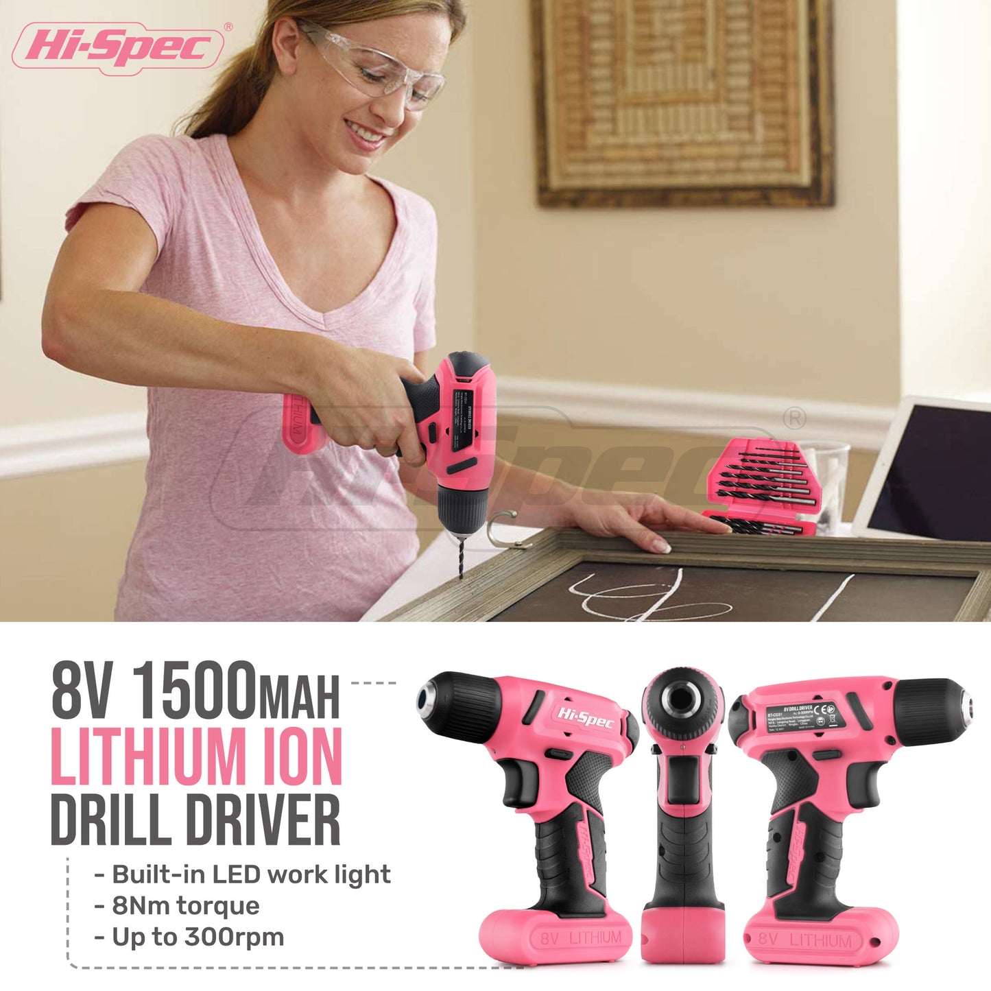 58 Piece Home Tool Set with 8V Cordless Drill Driver Kit Rechargeable Electric Screwdriver for DIY Repairs V888-ELOSUNG40378