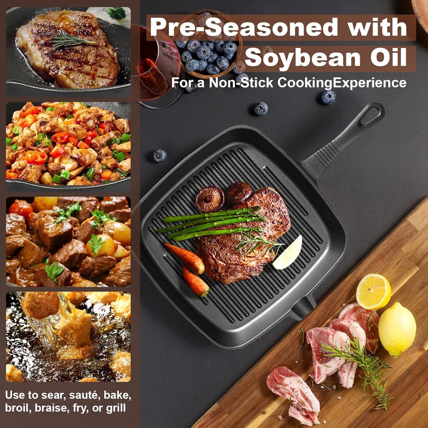Three-piece set Heavy Duty Cast Iron Skillet & Grill Pan Thickened Vintage Style Cookware for Steak Breakfast V888-ELOSUNG40410