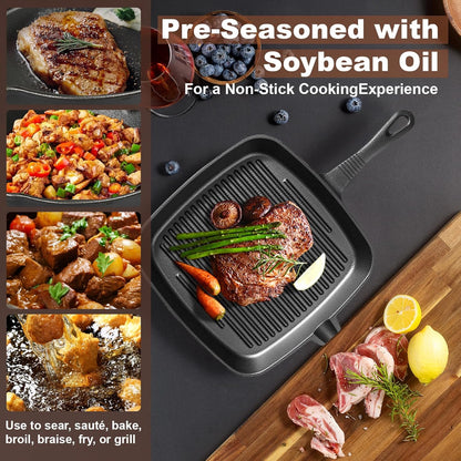 Five-piece set Heavy Duty Cast Iron Skillet & Grill Pan Thickened Vintage Style Cookware for Steak Breakfast V888-ELOSUNG40411