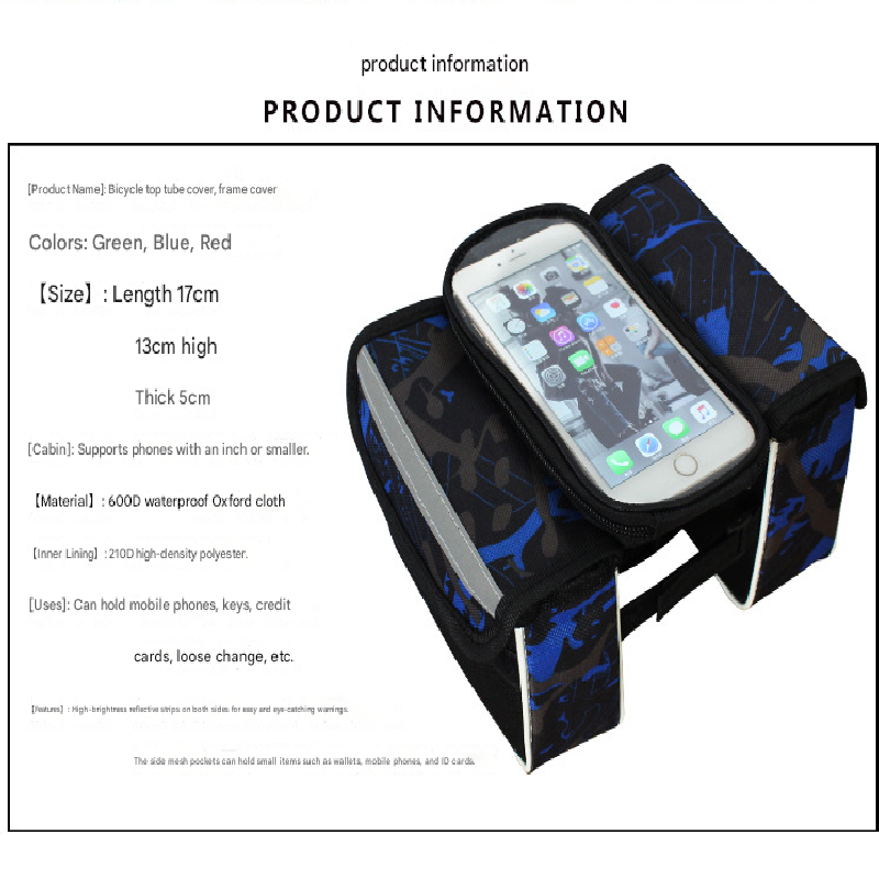 Green Bicycle Top Tube Frame Bag with Detachable Touch Screen Phone Holder Waterproof Double Pouch Cycling V888-ELOSUNG40470