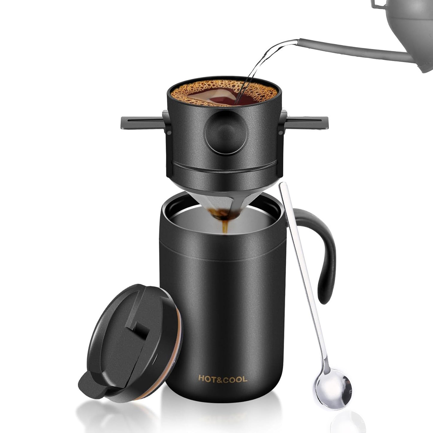 Black Portable Pour Over Coffee Maker Set Insulated Stainless Steel Travel Mug with Reusable Drip Filter and V888-ELOSUNG40554