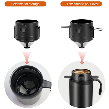 Black Portable Pour Over Coffee Maker Set Insulated Stainless Steel Travel Mug with Reusable Drip Filter and V888-ELOSUNG40554