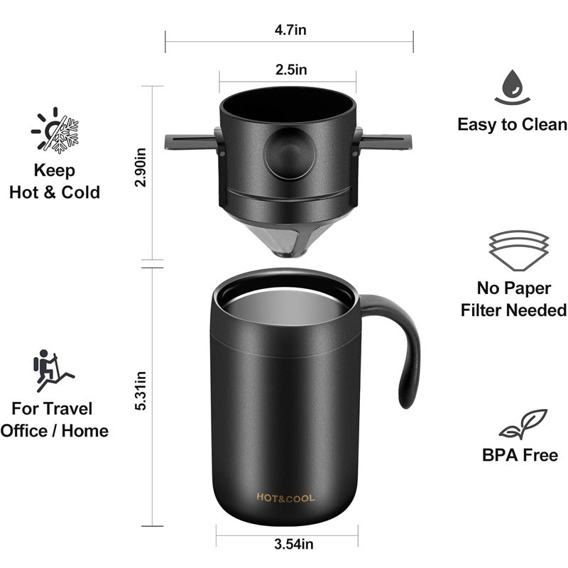 Black Portable Pour Over Coffee Maker Set Insulated Stainless Steel Travel Mug with Reusable Drip Filter and V888-ELOSUNG40554