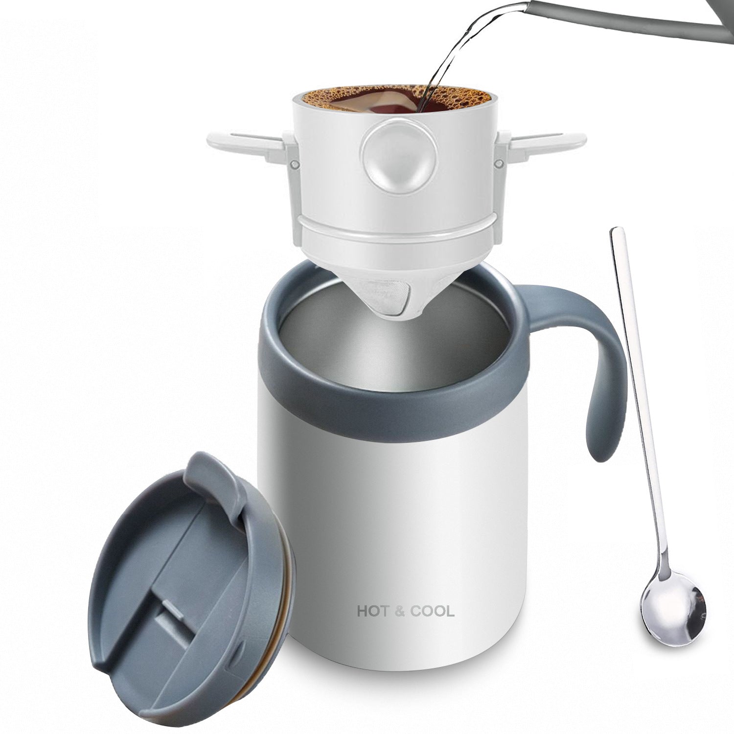 White Portable Pour Over Coffee Maker Set Insulated Stainless Steel Travel Mug with Reusable Drip Filter and V888-ELOSUNG40555
