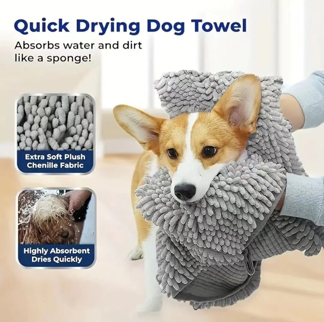 Blue Super Absorbent Pet Bath Towel with Hand Pockets Quick Dry Chenille Microfibre for Dogs and Cats Large V888-ELOSUNG40558