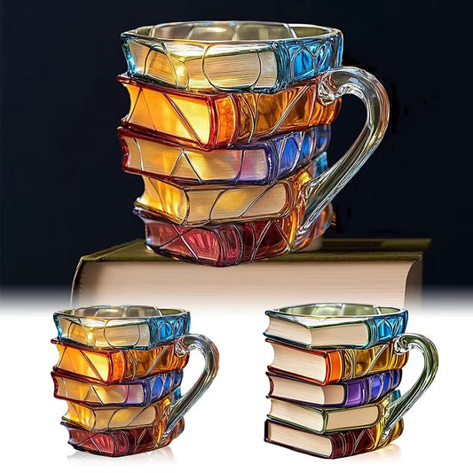 3D Book Stack Resin Mug with Spoon Creative Library Bookshelf Design Coffee Cup Unique Gift for Book Lovers V888-ELOSUNG40575