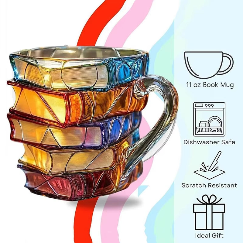 3D Book Stack Resin Mug with Spoon Creative Library Bookshelf Design Coffee Cup Unique Gift for Book Lovers V888-ELOSUNG40577