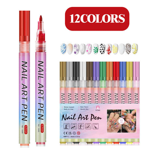 Nail Art Marker Pen Set 12 Colors 0.7mm Fine Tip Easy Application Water-Based Paint for DIY Nail Design in V888-ELOSUNG40579