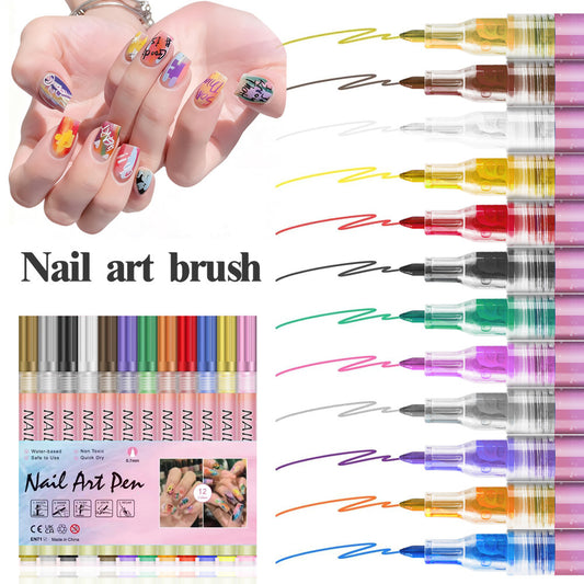 Nail Art Marker Pen Set 12 Colors 0.5mm Fine Tip Easy Application Water-Based Paint for DIY Nail Design in V888-ELOSUNG40580