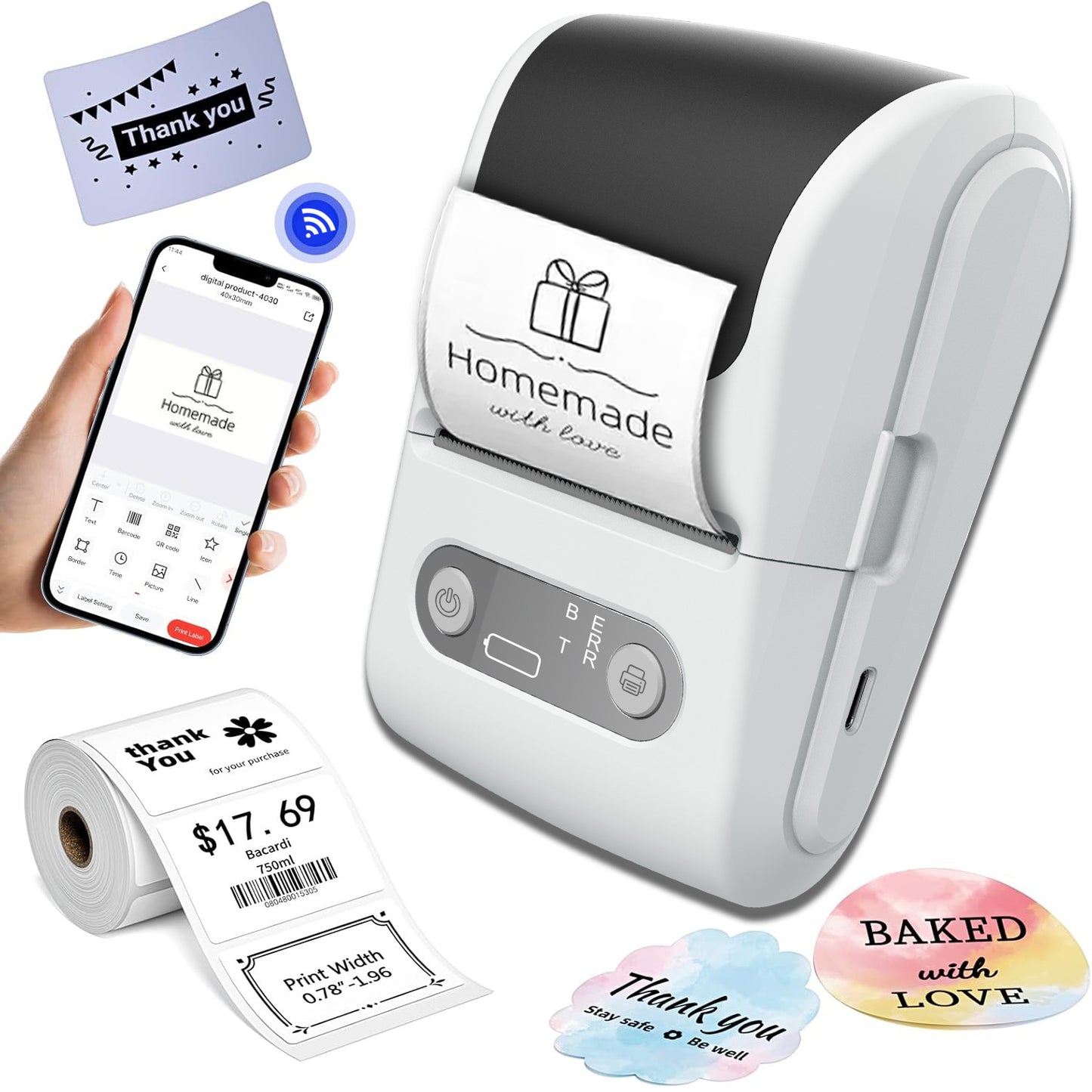 White Portable Bluetooth Thermal Label Printer - Compact, Ink-Free Mini Label Maker for Home, Office, and V888-ELOSUNG40633